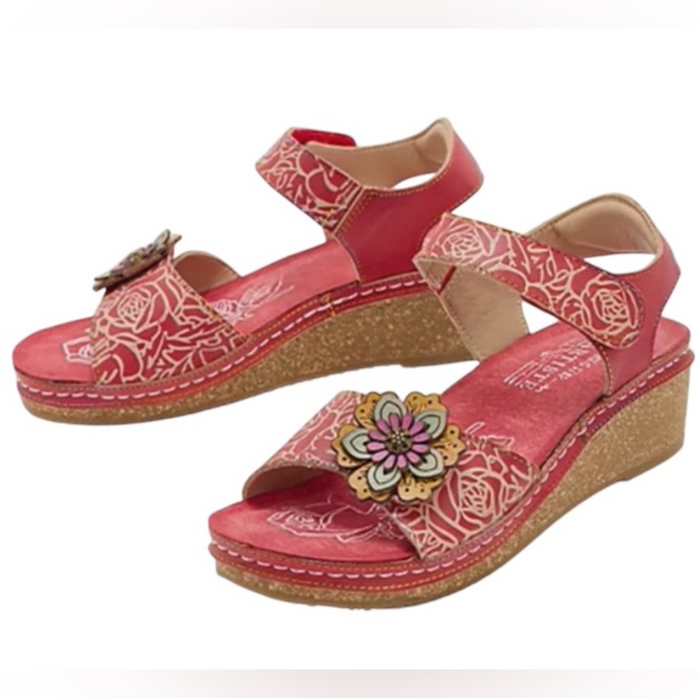 LARTISTE by Spring Step Leather Wedge Sandals Red Women 6.5 - 7 EU 37